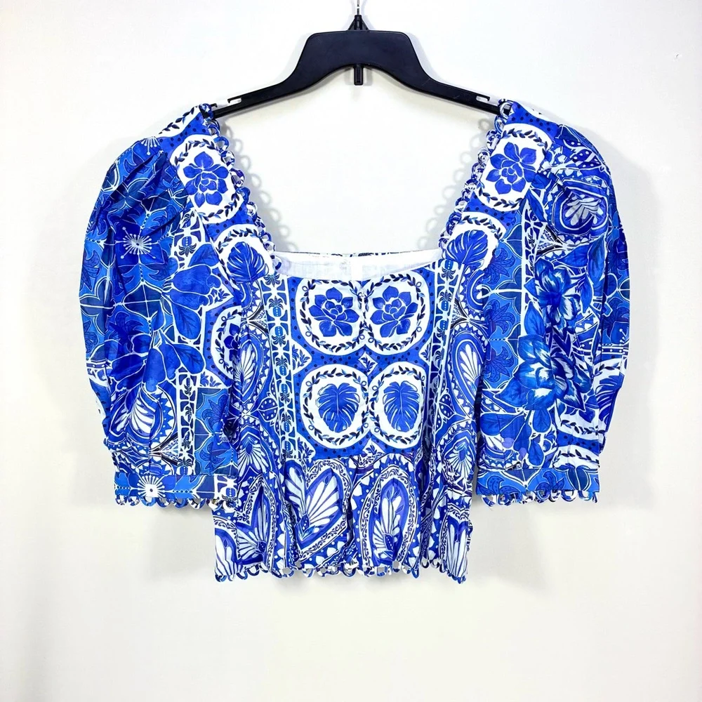 FARM Rio Tile Dream Cotton Puff Sleeve Peplum Top Blouse Blue White Large NWT